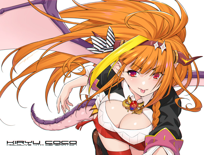 1girl :p breasts cleavage dragon_tail dragon_wings hairband highres hololive horns kazuma_muramasa kiryu_coco loafers long_hair orange_hair red_eyes red_legwear shoes simple_background smile solo tail thighhighs tongue tongue_out virtual_youtuber white_background wings