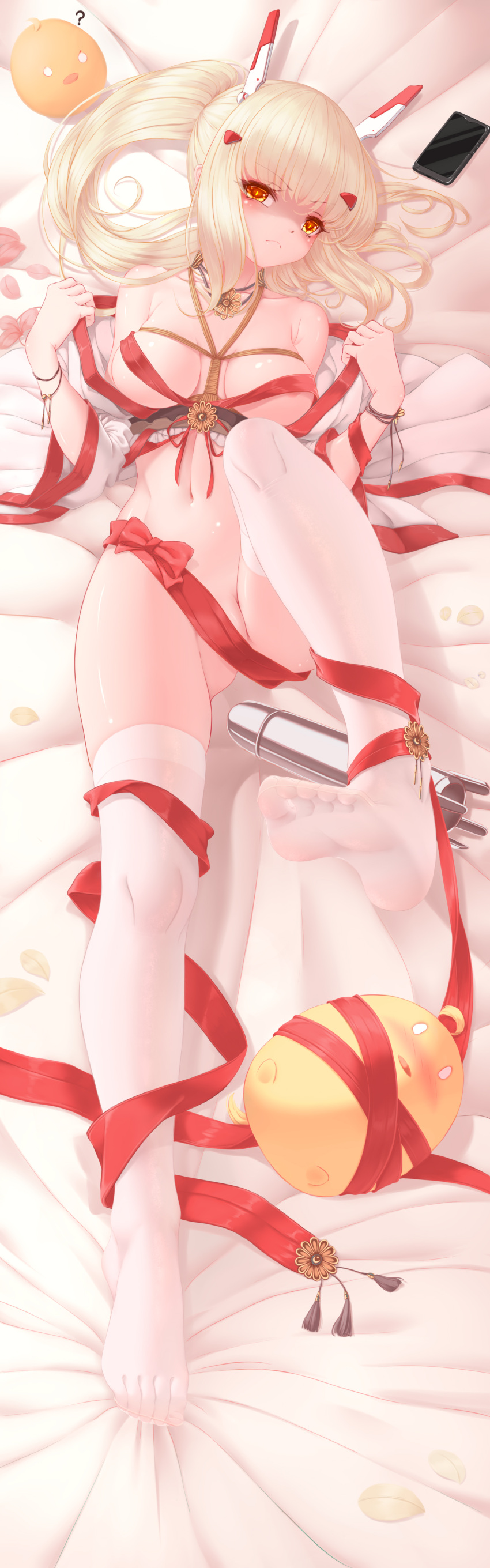 1girl ? absurdres areola_slip areolae ayanami_(azur_lane) azur_lane bangs bed_sheet blonde_hair blush breasts chinese_commentary closed_mouth commentary_request crop_top dakimakura_(medium) eyebrows_visible_through_hair feet frown full_body hands_up headgear highres leg_up long_hair long_sleeves looking_at_viewer manjuu_(azur_lane) medium_breasts naked_ribbon navel no_shoes open_clothes open_shirt orange_hair partially_visible_vulva petals ponytail red_ribbon ribbon seelehan shaded_face shirt soles solo stomach thighhighs toes white_legwear white_shirt wristband