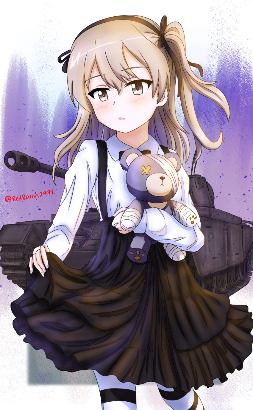 1girl blush boko_(girls_und_panzer) breasts caterpillar_tracks centurion_(tank) dress girls_und_panzer ground_vehicle hairband highres light_brown_eyes light_brown_hair military military_vehicle motor_vehicle redbaron shimada_arisu shirt side_ponytail signature stuffed_animal stuffed_toy tank teddy_bear