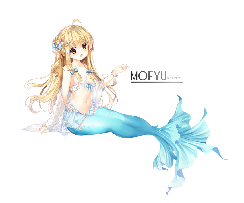 1girl :d ahoge bangs bare_shoulders bikini blonde_hair blue_bow blush bow breasts brown_eyes cleavage commentary_request eyebrows_visible_through_hair frilled_bikini frills full_body hair_between_eyes hair_bow highres loading_(verjuice) long_hair long_sleeves looking_at_viewer medium_breasts mermaid monster_girl off_shoulder open_mouth original see-through shell_hair_ornament sitting sleeves_past_wrists smile solo starfish_hair_ornament swimsuit tiara transparent_background very_long_hair white_bikini