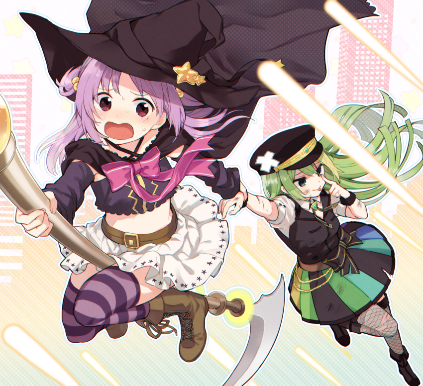 2girls :p alina_gray bandaid black_footwear black_headwear blush boots boyano brown_footwear cross-laced_footwear dirty dirty_clothes dirty_face fishnet_legwear fishnets green_eyes green_hair grey_legwear hat highres knee_boots lace-up_boots long_hair magia_record:_mahou_shoujo_madoka_magica_gaiden mahou_shoujo_madoka_magica midriff misono_karin multicolored multicolored_clothes multicolored_skirt multiple_girls open_mouth puffy_short_sleeves puffy_sleeves purple_eyes purple_hair purple_legwear riding scythe short_sleeves skirt smile soul_gem striped striped_legwear thighhighs tongue tongue_out torn_clothes torn_legwear two_side_up white_skirt witch_hat zettai_ryouiki
