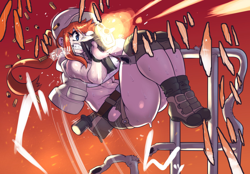 1girl abs absurdres assault_rifle baseball_cap blue_eyes breasts brown_footwear brown_hair brown_headwear brown_shorts brown_vest casing_ejection crop_top explosive fio_germi firing glasses grenade gun hat highres holding holding_gun holding_weapon knee_pads large_breasts long_hair metal_slug minami_aomori muzzle_flash open_clothes open_vest ponytail profanity rifle round_eyewear shell_casing short_shorts shorts solo stielhandgranate sweat tank_top vest weapon white_tank_top