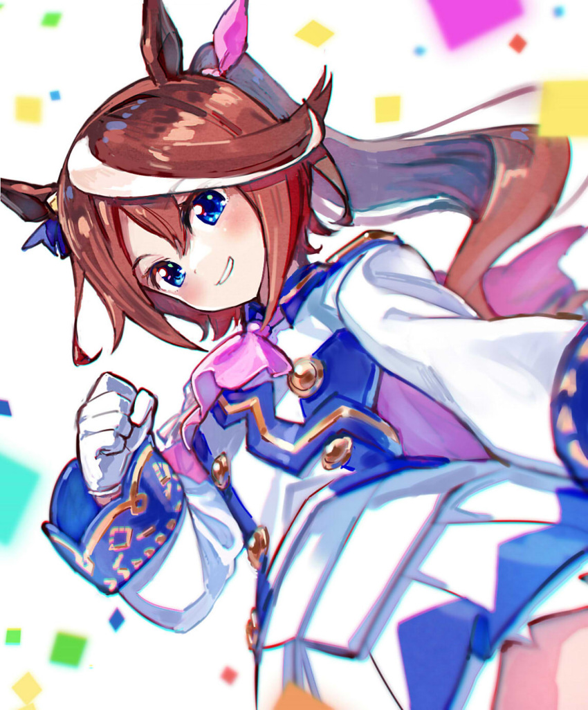 1girl animal_ears ascot blue_eyes blue_jacket blue_skirt brown_hair commentary_request confetti ear_ribbon eyebrows_visible_through_hair from_below gloves high_ponytail highres horse_ears horse_girl jacket long_hair long_sleeves looking_at_viewer multicolored_hair pleated_skirt sakino_shingetsu skirt smile solo streaked_hair tokai_teio_(umamusume) two-tone_hair two-tone_jacket two-tone_skirt umamusume white_gloves white_hair white_jacket white_skirt
