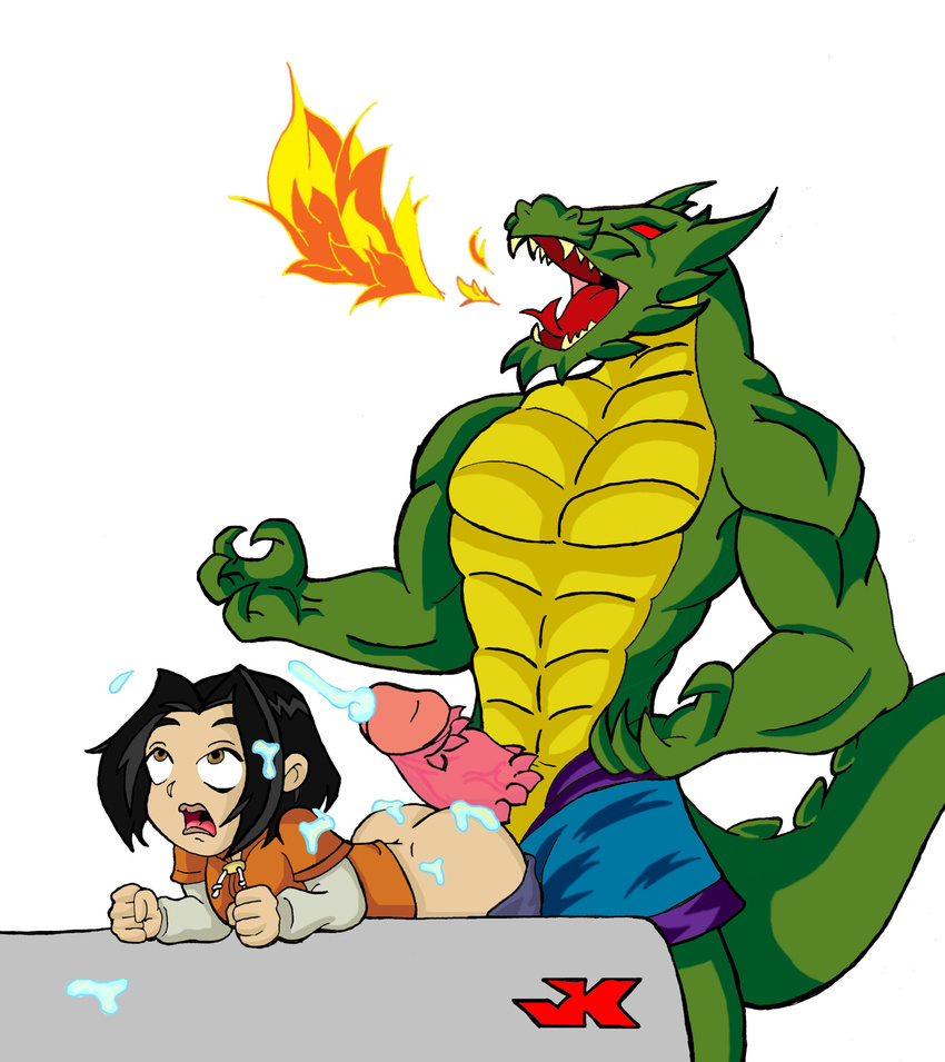 anthro bent_over breasts butt clothed clothing cum cum_in_hair cum_on_back cum_on_butt cumshot dragon duo erection female fire_breathing from_behind green_body green_dragon hair half-dressed human human_on_anthro interspecies jackie_chan_adventures jade_chan jk male mammal open_mouth orgasm partially_clothed penis scalie sex shendu standing straight topless