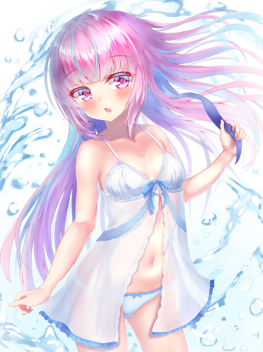 1girl :o bare_shoulders blue_hair blush chemise colored_inner_hair embarrassed hair_down highres hololive lingerie long_hair looking_at_viewer mask minato_aqua mouth_mask multicolored_hair open_mouth panties purple_eyes purple_hair rappi solo spaghetti_strap surgical_mask two-tone_hair underwear underwear_only untying virtual_youtuber white_chemise white_panties