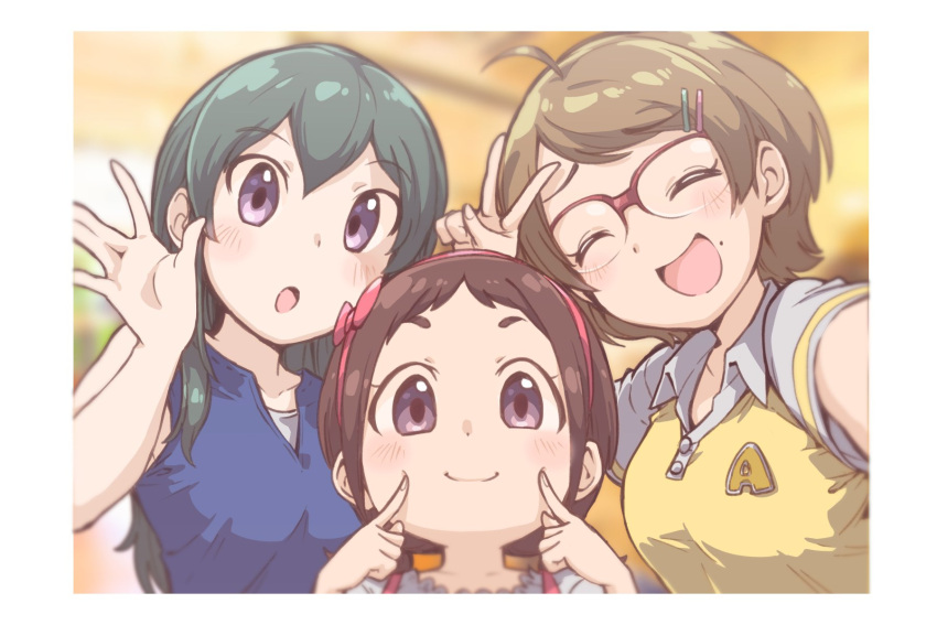 3girls :o ^_^ ^o^ ahoge blue_hair blush border brown_hair closed_eyes eyebrows_visible_through_hair finger_to_cheek glasses hair_ornament hairband hairpin highres idolmaster idolmaster_cinderella_girls looking_at_viewer multiple_girls muramatsu_sakura new_wave_(idolmaster) ooishi_izumi open_collar picture_(object) red-framed_eyewear selfie semi-rimless_eyewear smile tamachan_(gam_baru_ger) tsuchiya_ako upper_body v white_border