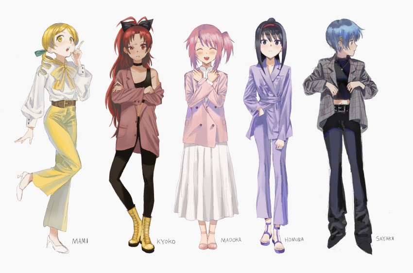 5girls ^_^ absurdres akemi_homura alternate_costume alternate_hair_length alternate_hairstyle ankle_boots ankle_strap arm_at_side bangs bellbottoms belt black_belt black_choker black_footwear black_hair black_legwear black_pants black_ribbon blonde_hair blue_eyes blue_hair boots brown_belt character_name choker closed_eyes closed_mouth collarbone contrapposto crop_top cross-laced_footwear crossed_arms dddoochi1 dot_nose drill_hair expressionless eyebrows_visible_through_hair facing_away fang fashion feet_up flat_chest flats formal full_body furrowed_brow green_ribbon grey_background grey_jacket hair_ornament hair_ribbon hairband hairclip hand_in_pocket hand_up hands_on_own_chest hands_up head_tilt high-waist_pants high_collar high_heels high_ponytail highres index_finger_raised jacket jacket_partially_removed jewelry kaname_madoka knees_together_feet_apart lace-up_boots laughing legs_together light_blush long_skirt long_sleeves looking_afar mahou_shoujo_madoka_magica medal midriff miki_sayaka multiple_girls navel neck_ribbon necklace older open_mouth pants pantyhose pink_footwear pink_jacket plaid plaid_jacket pleated_skirt pointy_footwear ponytail profile puffy_long_sleeves puffy_sleeves purple_footwear purple_jacket purple_pants red_eyes red_hair red_hairband ribbon round_teeth sakura_kyouko sandals shirt_tucked_in short_hair side-by-side side_ponytail sideways_glance simple_background skirt suit teeth tomoe_mami tsurime upper_teeth very_short_hair white_footwear white_skirt yellow_eyes yellow_footwear yellow_pants yellow_ribbon