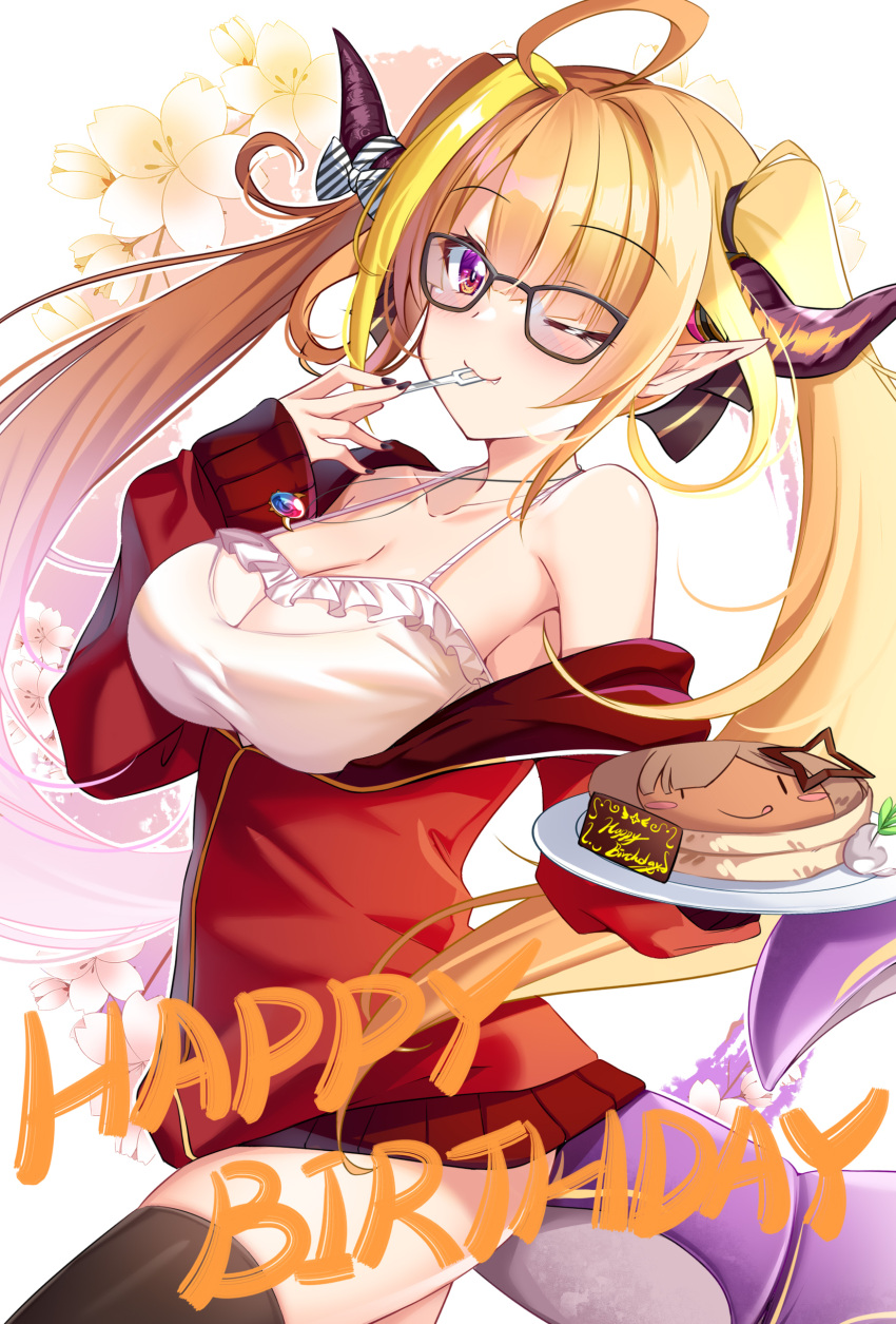 1girl absurdres ahoge amane_kanata bangs bare_shoulders benchen06 birthday_cake black-framed_eyewear black_legwear black_nails black_ribbon blonde_hair blunt_bangs bow breasts bright_pupils cake camisole cleavage closed_mouth collarbone commentary_request cowboy_shot diagonal-striped_bow dragon_girl dragon_horns dragon_tail english_commentary english_text eyebrows_visible_through_hair fang fang_out floral_background food fork frilled_camisole glasses hair_ribbon happy_birthday highres holding holding_cake holding_food holding_fork holding_plate hololive horn_bow horns jacket jewelry kiryu_coco long_hair long_sleeves looking_at_viewer medium_breasts mixed-language_commentary multicolored_hair off_shoulder official_alternate_costume one_eye_closed open_clothes open_jacket orange_hair outline partially_unzipped pendant plate pointy_ears purple_eyes red_jacket ribbon see-through sidelocks simple_background slit_pupils smile solo spaghetti_strap streaked_hair striped striped_bow tail thighhighs track_jacket twintails utensil_in_mouth virtual_youtuber white_background white_camisole white_outline white_pupils
