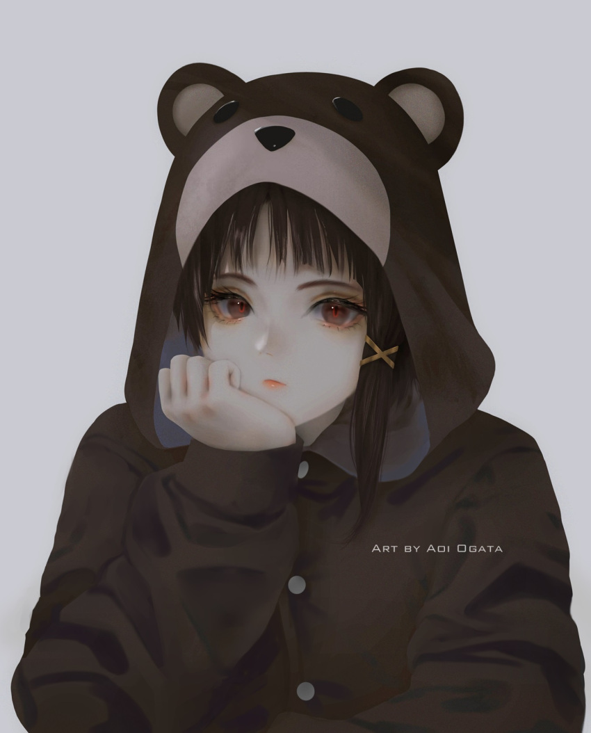 1girl animal_ears animal_hood aoi_ogata artist_name bangs bear_ears bear_hood black_hair black_jacket brown_eyes clip_studio_paint_(medium) closed_mouth commentary commission english_commentary fake_animal_ears grey_background hair_ornament highres hood hood_up hooded_jacket iwakura_lain jacket long_sleeves looking_at_viewer red_lips serial_experiments_lain simple_background sleeves_past_wrists solo upper_body x_hair_ornament