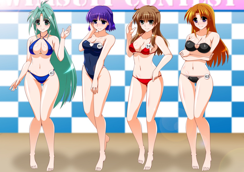 aqua_eyes aqua_hair bikini black_bikini blue_bikini blush breasts brown_hair cleavage contest contest_button engo_(aquawatery) green_eyes jodie_bannings lindy_harlaown lyrical_nanoha mahou_shoujo_lyrical_nanoha mahou_shoujo_lyrical_nanoha_reflection o-ring o-ring_bikini one-piece_swimsuit orange_hair ponytail purple_eyes purple_hair red_bikini swimsuit takamachi_momoko tsukimura_haruna