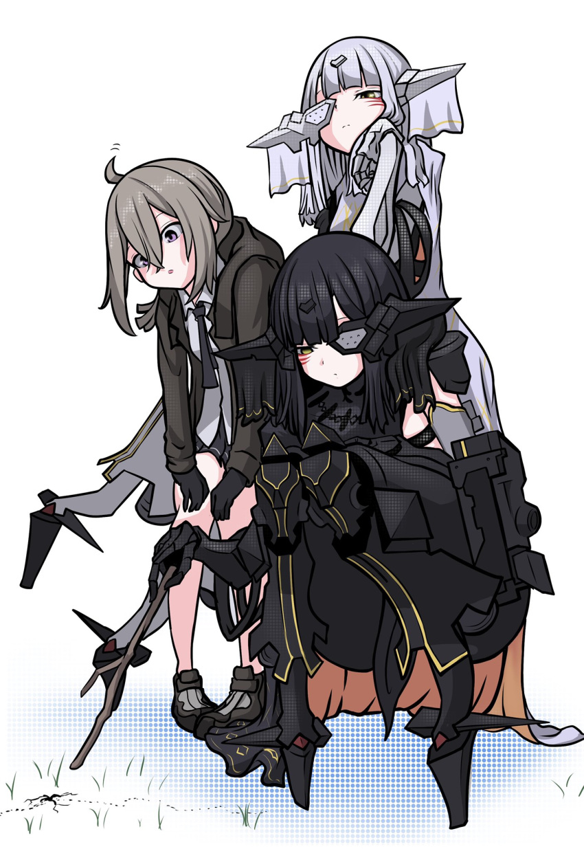 3girls android black_hair commentary_request cyborg eyepatch girls'_frontline gloves highres long_hair m200_(girls'_frontline) mechanical_arms mechanical_legs multiple_girls nyto_adeline_(girls'_frontline) nyto_alina_(girls'_frontline) paradeus pointing shoes sneakers stick white_hair zandorosouls