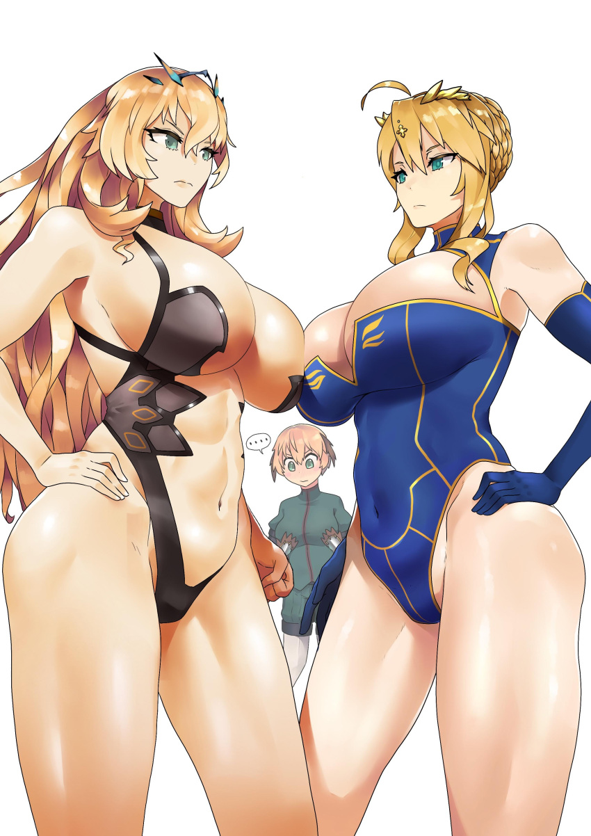 3girls absurdres ahoge artoria_pendragon_(all) artoria_pendragon_(lancer)_(fate) blonde_hair blue_eyes blue_gloves blue_leotard braid breasts character_request cleavage closed_mouth crown crown_braid elbow_gloves fate/grand_order fate_(series) gareth_(fate) gawain_(fairy_knight)_(fate) gloves green_eyes hair_between_eyes hand_on_hip highres large_breasts leotard long_hair looking_at_another monkey_jon multiple_girls navel revealing_clothes sidelocks standing thighs