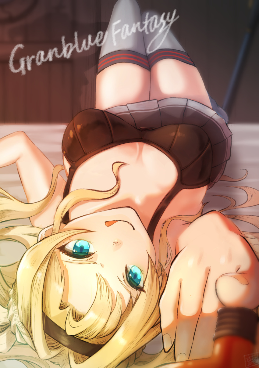 1girl :p absurdres black_bra black_hairband blonde_hair blue_eyes bra breasts breasts_apart commentary_request granblue_fantasy grey_legwear grey_skirt hairband highres icomart_nemui looking_at_viewer lying medium_breasts on_back pleated_skirt skirt solo thighhighs tongue tongue_out twintails underwear zeta_(granblue_fantasy)