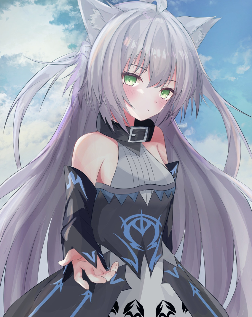 1girl ahoge animal_collar animal_ear_fluff animal_ears atalanta_(alter)_(fate) atalanta_(fate) bangs black_dress blush braid breasts buckle cat_ears closed_mouth cloud collar detached_sleeves dress eyebrows_visible_through_hair fate/grand_order fate_(series) green_eyes grey_hair hair_between_eyes hand_up highres long_hair long_sleeves looking_at_viewer messy_hair sideboob sidelocks sirotuki_ito sky solo upper_body very_long_hair