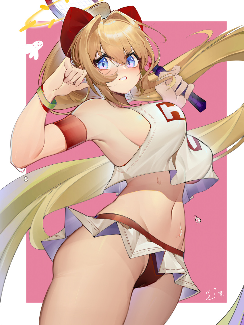 1girl absurdres armlet bangs bare_shoulders blonde_hair blue_eyes bow breasts cai_bi chinese_commentary commentary_request copyright_request cowboy_shot eyebrows_visible_through_hair grin hair_between_eyes hair_bow halo hands_up highres holding holding_racket large_breasts long_hair looking_at_viewer microskirt midriff navel no_bra panties ponytail racket red_bow red_panties shirt sideboob signature simple_background skirt sleeveless sleeveless_shirt smile solo standing stomach sweat tennis_racket underwear very_long_hair white_shirt white_skirt wristband