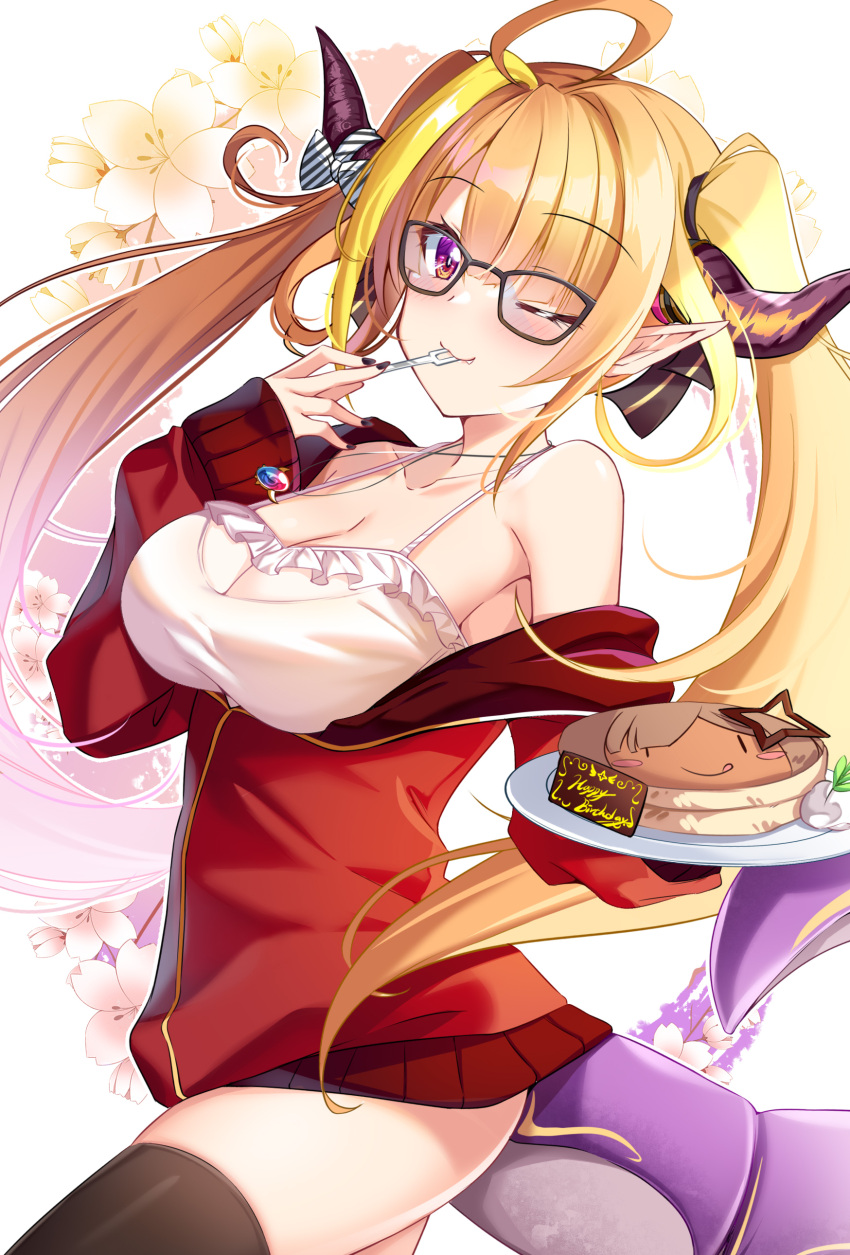 1girl absurdres ahoge amane_kanata bangs bare_shoulders benchen06 birthday_cake black-framed_eyewear black_legwear black_nails black_ribbon blonde_hair blunt_bangs bow breasts bright_pupils cake camisole cleavage closed_mouth collarbone commentary_request cowboy_shot diagonal-striped_bow dragon_girl dragon_horns dragon_tail english_commentary eyebrows_visible_through_hair fang fang_out floral_background food fork frilled_camisole glasses hair_ribbon highres holding holding_cake holding_food holding_fork holding_plate hololive horn_bow horns jacket jewelry kiryu_coco long_hair long_sleeves looking_at_viewer medium_breasts mixed-language_commentary multicolored_hair off_shoulder official_alternate_costume one_eye_closed open_clothes open_jacket orange_hair outline partially_unzipped pendant plate pointy_ears purple_eyes red_jacket ribbon see-through sidelocks simple_background slit_pupils smile solo spaghetti_strap streaked_hair striped striped_bow tail thighhighs track_jacket twintails utensil_in_mouth virtual_youtuber white_background white_camisole white_outline white_pupils