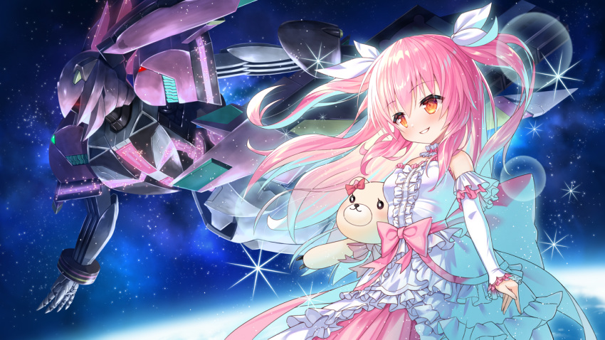 bettle_(b_s_a_n) blush bow earth himekuma_ribon lolita_fashion long_hair mecha mobile_suit_gundam orange_eyes pink_hair planet re:act ribbons space stars teddy_bear twintails waifu2x