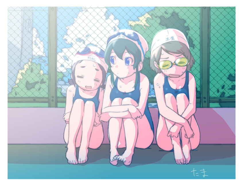 barefoot blue_eyes blue_hair breasts brown_hair chain-link_fence collarbone fence goggles goggles_on_head highres hugging_own_legs idolmaster idolmaster_cinderella_girls medium_breasts muramatsu_sakura new_wave_(idolmaster) on_floor ooishi_izumi outdoors school_swimsuit short_hair sweat swim_cap swimsuit tamachan_(gam_baru_ger) tsuchiya_ako