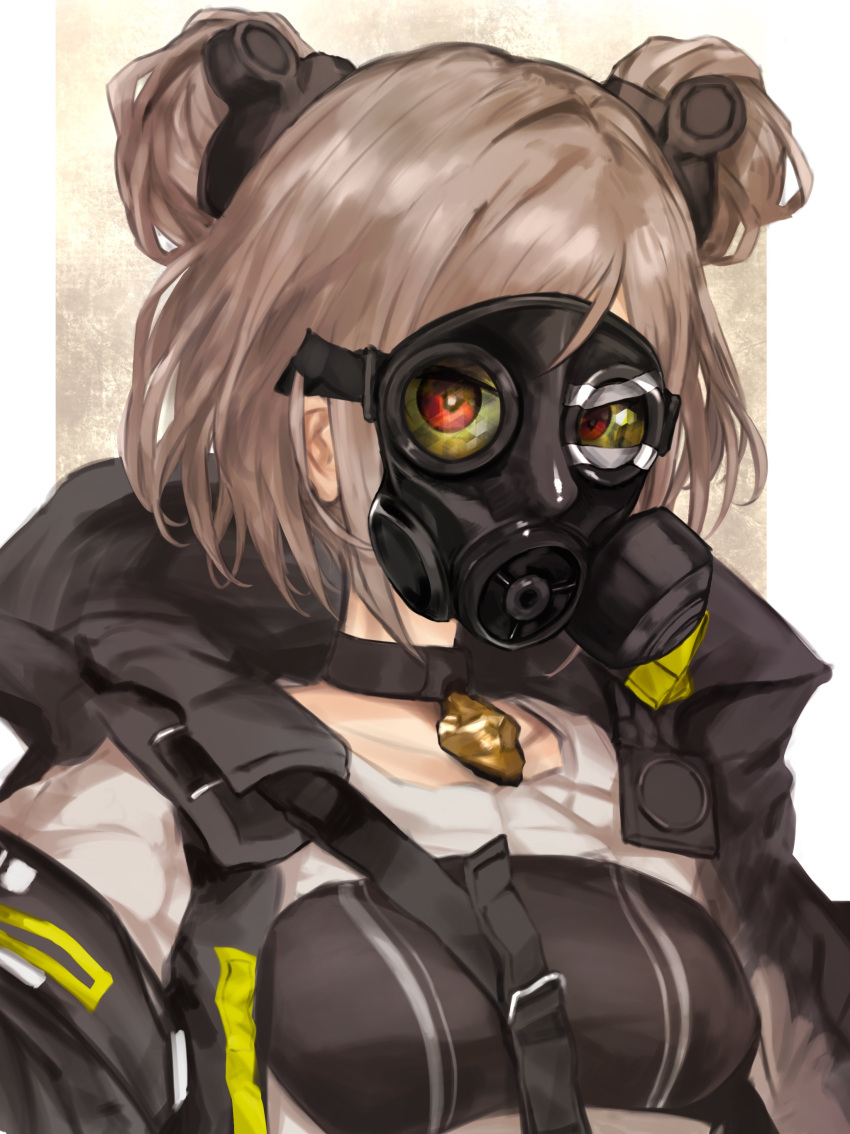1girl absurdres breasts choker collarbone commission double_bun gas_mask girls'_frontline highres hood light_brown_hair mask mask_on_head medium_breasts p90_(girls'_frontline) red_eyes short_hair skeb_commission solo tawaketch