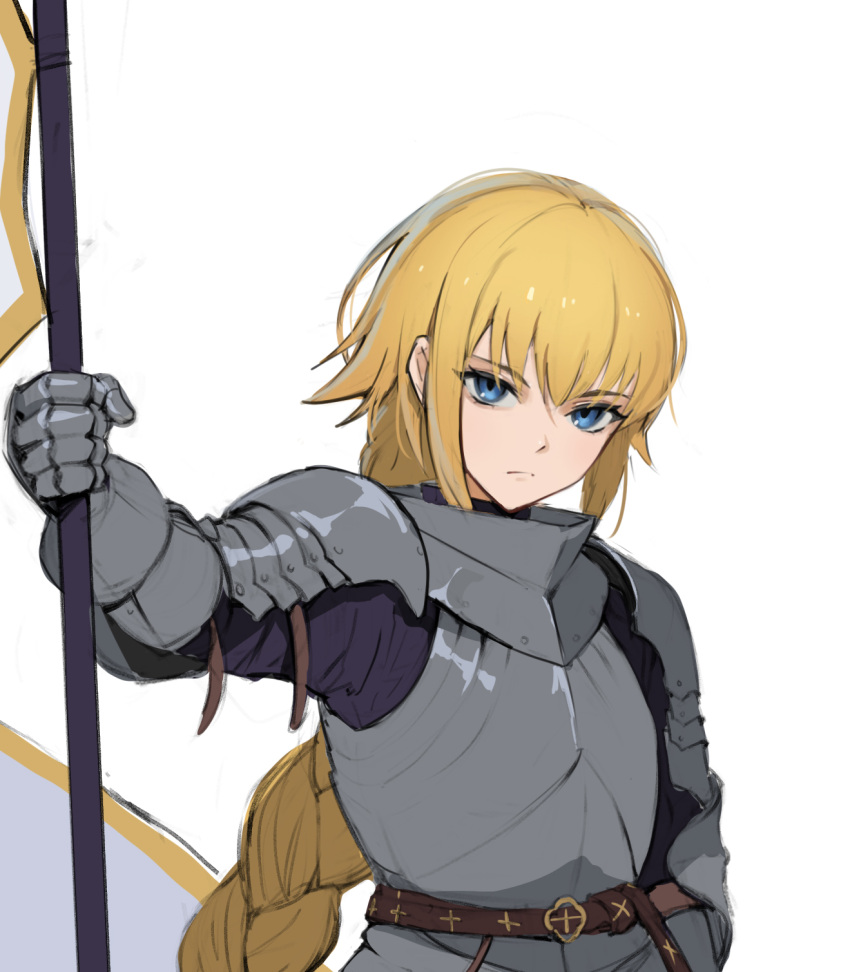 1girl armor belt blonde_hair blue_eyes braid breastplate brown_belt expressionless fate/apocrypha fate_(series) gauntlets highres jason_kim jeanne_d'arc_(fate) jeanne_d'arc_(fate)_(all) long_braid long_hair looking_at_viewer purple_shirt shirt sketch solo very_long_hair white_background