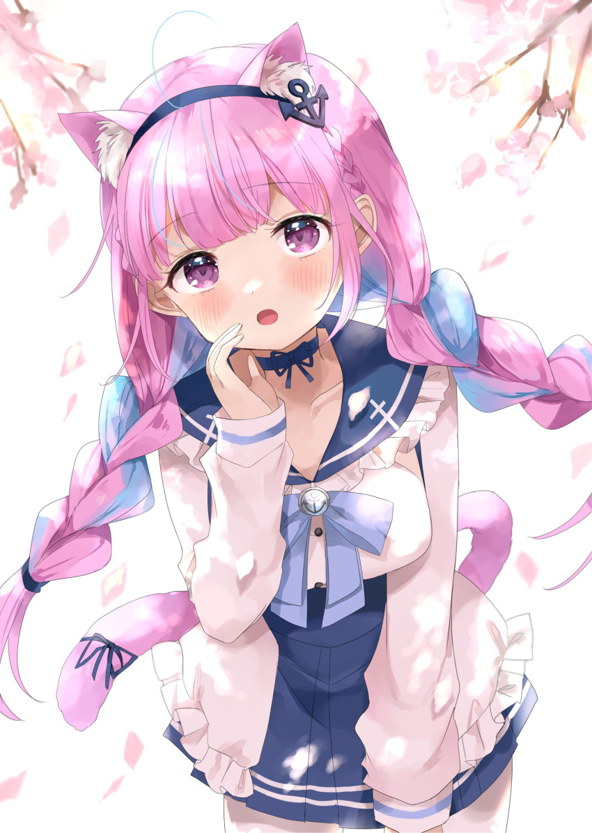 1girl absurdres ahoge anchor_symbol animal_ear_fluff animal_ears bangs blunt_bangs blurry blurry_foreground blush bow bowtie braid cat_ears cat_tail cherry_blossoms choker collarbone cowboy_shot eyebrows_visible_through_hair frilled_shirt frills hand_up highres hololive long_hair long_sleeves looking_at_viewer minato_aqua open_mouth petals pleated_skirt purple_eyes purple_hair purple_skirt sailor_collar shirt sidelocks skirt solo tail tatsuyoshi_(zawahomura) thighs twin_braids virtual_youtuber white_shirt