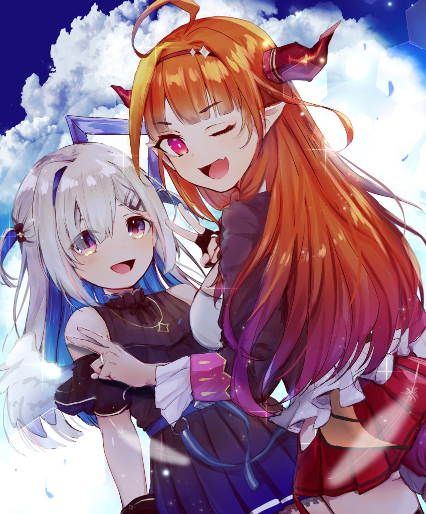 2girls ahoge amane_kanata angel angel_wings bangs bare_shoulders black_gloves black_jacket black_shirt black_skirt blonde_hair blue_eyes blue_hair blue_skirt blunt_bangs braid breasts brown_hairband cleavage_cutout clothing_cutout cloud cloudy_sky colored_inner_hair cowboy_shot dragon_girl dragon_horns dragon_tail eyebrows_visible_through_hair eyes_visible_through_hair fang feathered_wings feathers gloves gradient_skirt hair_between_eyes hair_ornament hair_over_one_eye hairband hairclip halo hand_up highres hip_vent hololive horns jacket jewelry kiryu_coco long_hair looking_back matching_ring miniskirt multicolored_hair multiple_girls necklace official_alternate_costume one_eye_closed open_mouth orange_hair partially_fingerless_gloves pink_hair pleated_skirt pointy_ears purple_eyes red_skirt ring shirt side-tie_skirt side_braid sidelocks sigisaki silver_hair single_braid single_hair_intake skin_fang skirt sky sleeveless sleeveless_shirt slit_pupils sparkle star_(symbol) star_halo star_necklace streaked_hair symbol_commentary tail two_side_up v virtual_youtuber wedding_band white_shirt white_wings wings