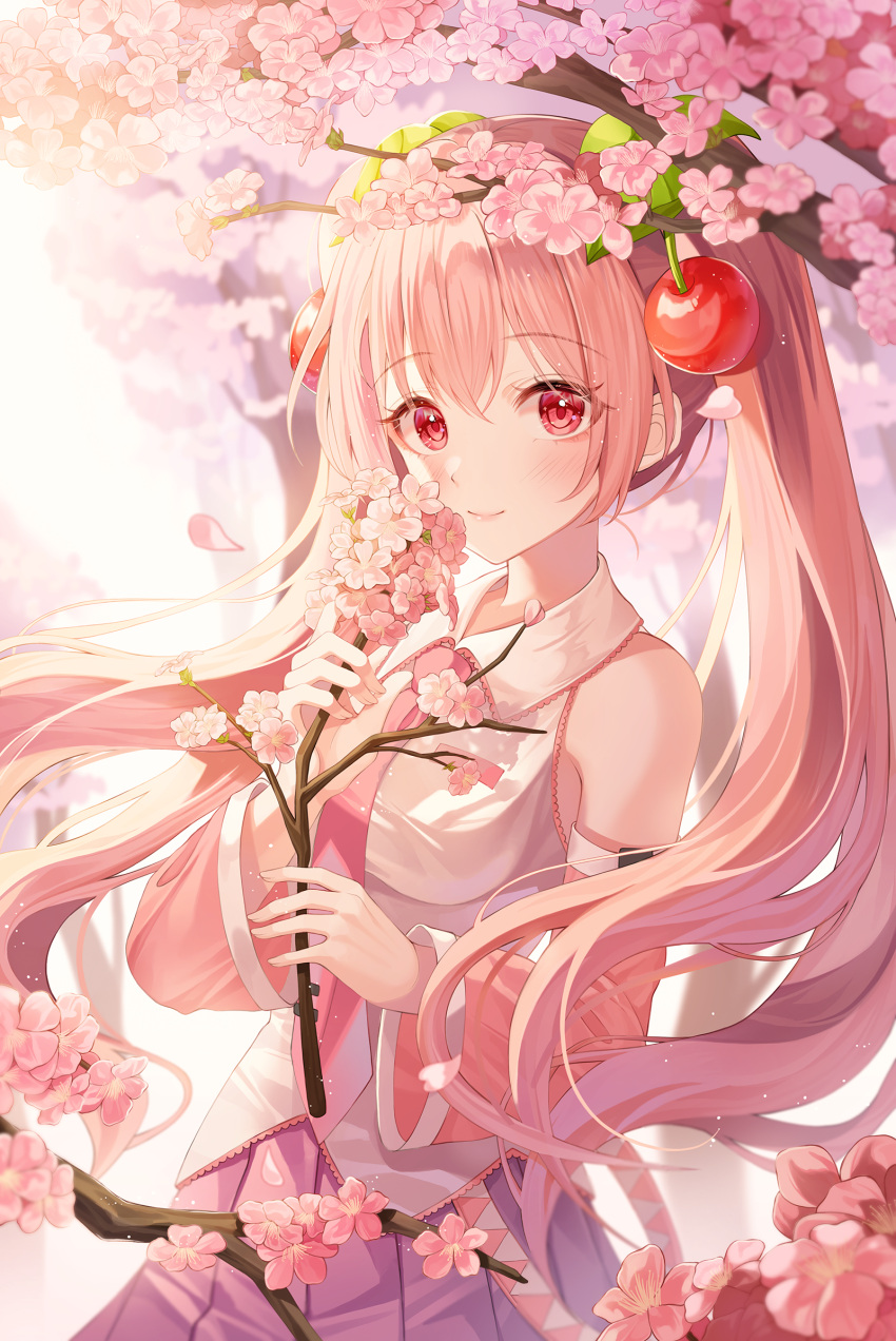 1girl bangs bare_shoulders blurry blurry_background blush breasts cherry cherry_blossoms closed_mouth cowboy_shot detached_sleeves eyebrows_visible_through_hair flower food fruit hair_flower hair_ornament hatsune_miku highres holding long_hair looking_at_viewer medium_breasts necktie nri petals pink_eyes pink_flower pink_hair pleated_skirt sakura_miku shirt skirt smile solo tree_branch twintails very_long_hair vocaloid