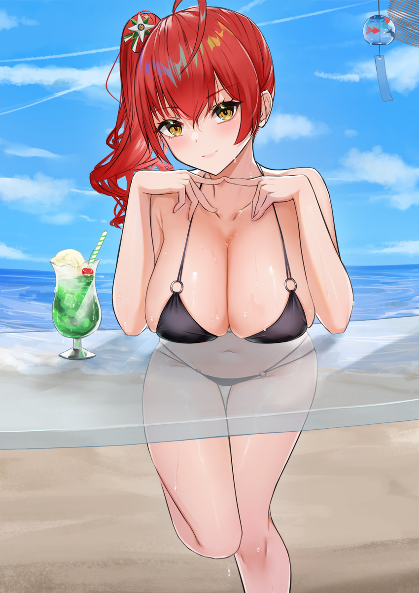 1girl azur_lane bangs bare_legs bare_shoulders beach bikini black_bikini blue_sky blush breasts cherry cleavage closed_mouth cloud collarbone commentary_request cup day drinking_glass drinking_straw eyebrows_visible_through_hair food foot_out_of_frame fruit glass_table hair_between_eyes halter_top halterneck highres index_fingers_together large_breasts lim_(ramu) long_hair looking_at_viewer multi-strapped_bikini o-ring o-ring_bikini ocean official_alternate_costume outdoors red_hair side_ponytail skindentation sky smile solo standing standing_on_one_leg swimsuit table water wet wind_chime yellow_eyes zara_(azur_lane) zara_(poolside_coincidence)_(azur_lane)