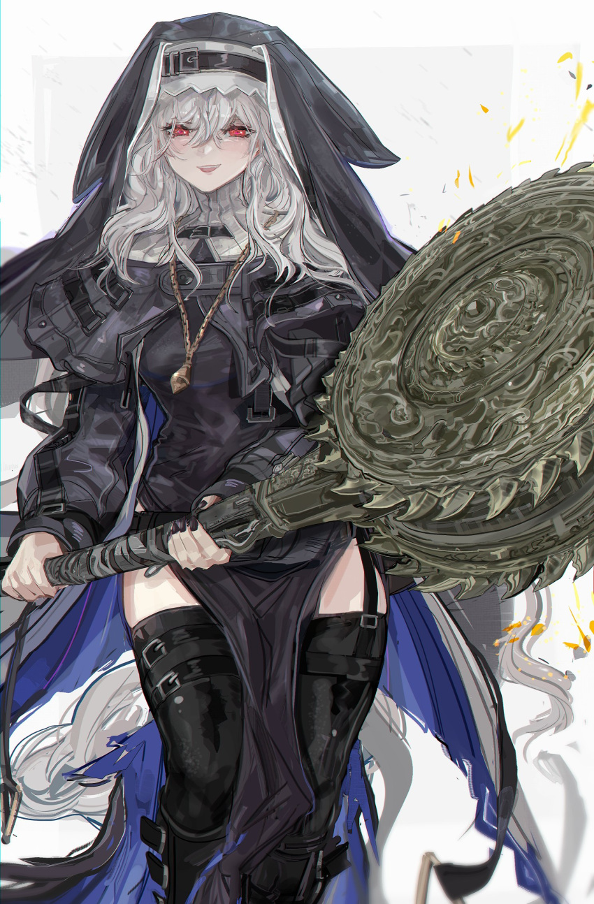 1girl arknights bangs belt_boots black_capelet black_footwear black_headwear black_legwear bloodborne boots breasts capelet circular_saw feet_out_of_frame garter_straps habit hair_between_eyes highres holding holding_weapon jewelry long_hair looking_at_viewer medium_breasts necklace nslacka nun off_shoulder open_clothes parted_lips pelvic_curtain red_eyes red_lips silver_hair smile specter_(arknights) sweater thighhighs turtleneck turtleneck_sweater weapon white_background zettai_ryouiki