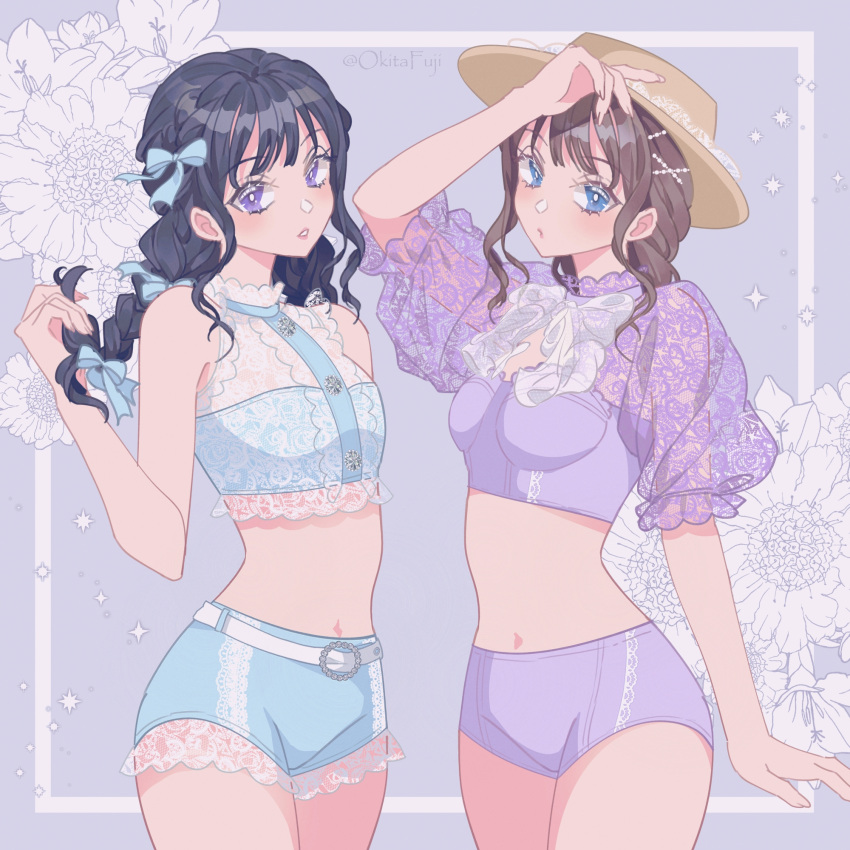 2girls :o arm_behind_back black_hair blue_eyes blue_ribbon blue_swimsuit boater_hat bow bra braid breasts brown_hair bustier buttons crop_top fashiom floral_background hair_ornament hair_ribbon hairclip hand_on_headwear hat_tip highres holding holding_hair lace lace_bra lace_sleeves lace_trim modeling multiple_girls okitafuji pants pearl_hair_ornament photo-referenced purple_background purple_eyes purple_swimsuit ribbon see-through_sleeves short_shorts shorts strapless swankiss_(brand) swimsuit tight tight_pants tubetop underwear underwear_only