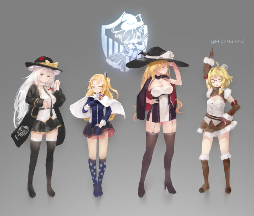 4girls alternate_hairstyle azur_lane azusa_(cookie) bangs black_cape black_dress black_jacket black_legwear black_skirt blonde_hair blue_gloves blue_shirt blush boots bow braid breasts brown_eyes brown_footwear brown_gloves brown_sleeves cape cleveland_(azur_lane) cleveland_(azur_lane)_(cosplay) commentary_request cookie_(touhou) cosplay detached_sleeves dress enterprise_(azur_lane) enterprise_(azur_lane)_(cosplay) fairyfloss full_body fur-trimmed_boots fur-trimmed_skirt fur-trimmed_sleeves fur_trim garter_straps gloves green_eyes grey_background hair_bow hat hat_bow highres honolulu_(azur_lane) honolulu_(azur_lane)_(cosplay) jacket kirisame_marisa large_breasts long_hair looking_at_viewer mars_(cookie) medium_breasts medium_hair multiple_girls oklahoma_(azur_lane) oklahoma_(azur_lane)_(cosplay) open_mouth pointing pointing_up red-framed_eyewear red_cape red_eyes red_star rei_(cookie) semi-rimless_eyewear shirt short_dress side_braid side_ponytail simple_background single_braid skirt small_breasts standing star_(symbol) thighhighs touhou twitter_username two-sided_cape two-sided_fabric under-rim_eyewear uzuki_(cookie) white_bow white_cape white_shirt witch_hat yellow_bow