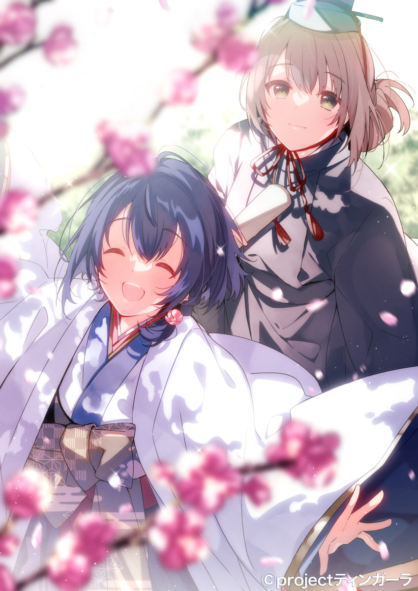 2girls absurdres blonde_hair blue_hair braid brown_eyes dress flower from_above hair_flower hair_ornament highres hinamatsuri japanese_clothes kimono misakino_kukuru miyazawa_fuuka multiple_girls official_art pink_flower shiroi_suna_no_aquatope short_hair spring_(season) u35 white_dress