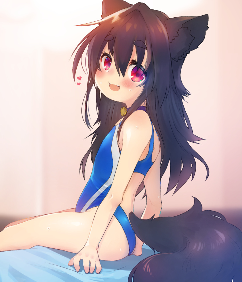 animal_ears ass black_hair blue_swimsuit blush choker competition_swimsuit dog_ears dog_girl dog_tail eyebrows eyebrows_visible_through_hair fangs from_behind heart highres kannagi_cocoa long_hair looking_back one-piece_swimsuit open_mouth original pink_background red_eyes simple_background sitting smile swimsuit tail thighs toba_hiyoko