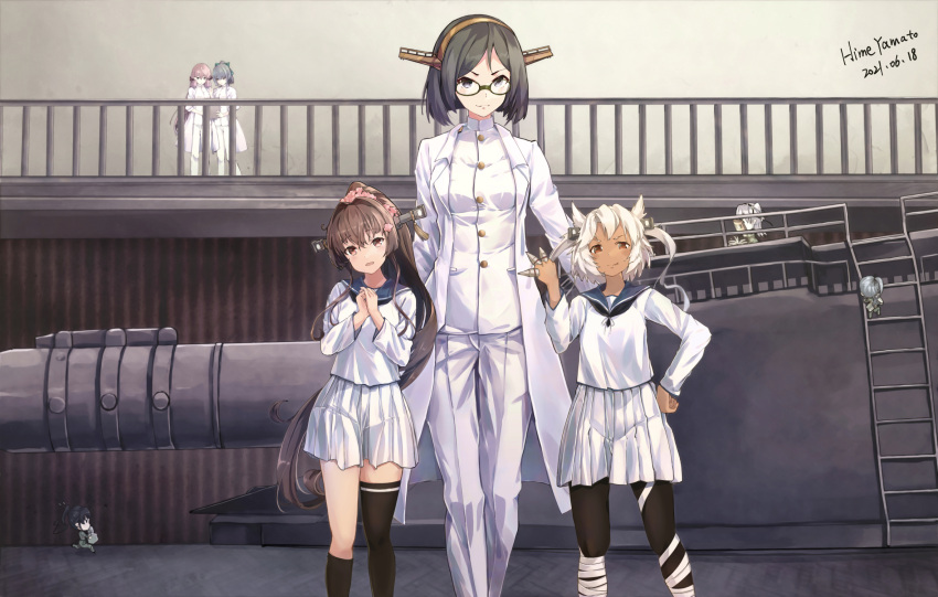 6+girls akashi_(kancolle) alternate_costume black_hair brown_eyes brown_hair cherry_blossoms dark_skin dated fairy_(kancolle) flower glasses hair_flower hair_intakes hair_ornament highres himeyamato kantai_collection kirishima_(kancolle) long_hair looking_at_viewer multiple_girls musashi_(kancolle) open_mouth pointy_hair ponytail red_eyes sailor_collar short_hair skirt smile turret uniform very_long_hair yamato_(kancolle) younger yuubari_(kancolle)