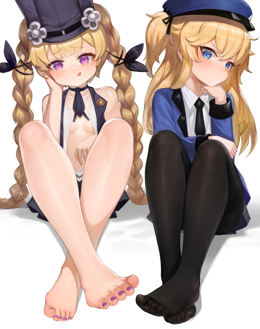 2girls :q bangs bare_legs bare_shoulders barefoot black_choker black_headwear black_jacket black_legwear black_neckwear blonde_hair blue_eyes blue_headwear blue_jacket blunt_bangs blush braid breasts choker closed_mouth collared_shirt commentary_request dokomon eyebrows_visible_through_hair feet full_body girls'_frontline hair_between_eyes hand_up hat highres invisible_chair jacket korean_commentary legs long_hair long_sleeves looking_at_viewer multiple_girls necktie no_shoes pantyhose peaked_cap purple_eyes purple_nails shirt simple_background sitting sleeveless sleeveless_jacket small_breasts sr-3mp_(girls'_frontline) super_shorty_(girls'_frontline) toenail_polish toes tongue tongue_out twin_braids twintails two_side_up very_long_hair white_background white_shirt
