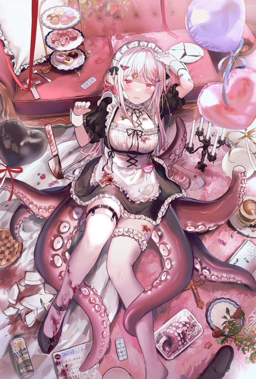1girl absurdres amputee apron balloon bandaid black_footwear blood blush breasts broken_plate candy character_request coach copyright_request cupcake drink drugs feet food highres indoors knife large_breasts long_hair looking_at_viewer maid maid_apron maid_headdress name_tag open_mouth pancake pie pill red_eyes short_sleeves sitting solo tentacles thighhighs thighs white_legwear y_o_u_k_a
