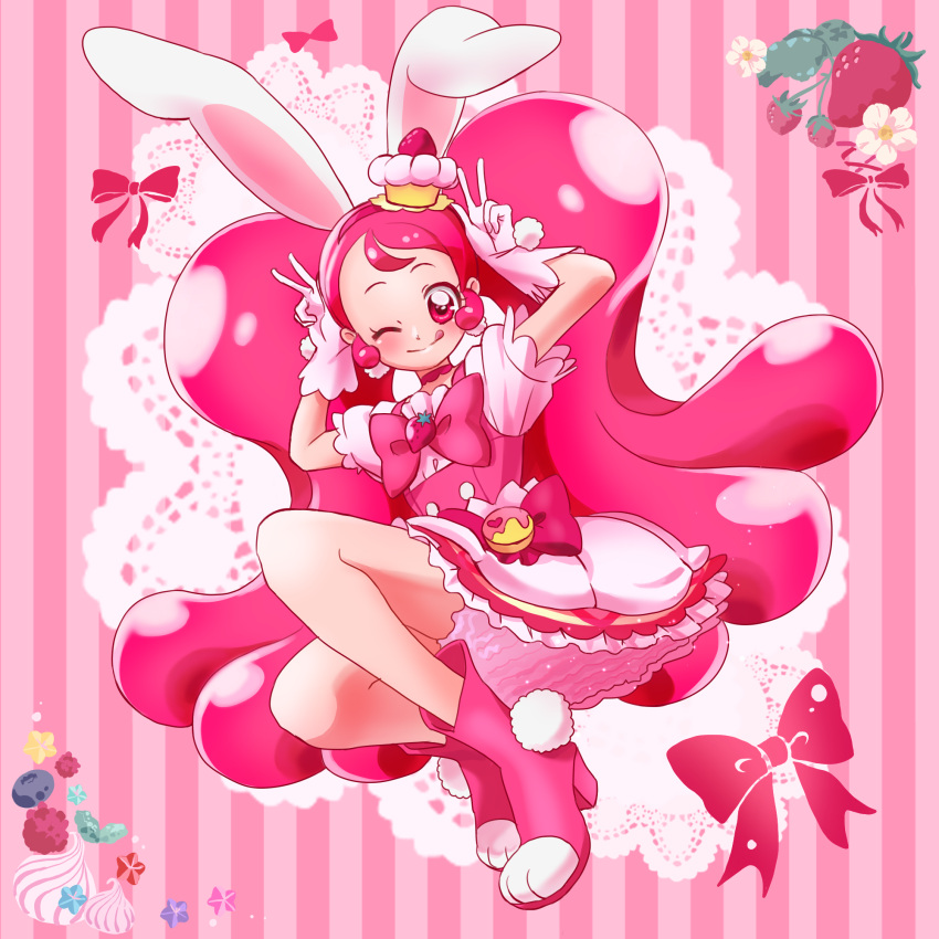 1girl ;q animal_ears boots brooch bunny cake cake_hair_ornament cure_whip double_v dress earrings extra_ears food food-themed_hair_ornament food-themed_ornament forehead fruit full_body hair_ornament highres jewelry kirakira_precure_a_la_mode long_hair magical_girl one_eye_closed pink_background pink_dress pink_eyes pink_footwear pink_hair pink_ribbon pom_pom_(clothes) pom_pom_earrings precure ribbon short_sleeves skirt solo strawberry strawberry_shortcake strawberrylove2525 striped striped_background tongue tongue_out twintails usami_ichika v very_long_hair whip whipped_cream