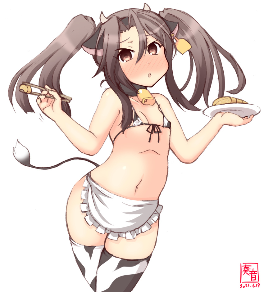 alternate_hairstyle animal_ears animal_print apron bikini brown_eyes chopsticks commentary_request covered_nipples cow_ears cow_horns cow_print cow_tail cowboy_shot ear_tags fake_animal_ears fake_horns flat_chest frilled_apron frills grey_hair highres horns kanon_(kurogane_knights) kantai_collection long_hair looking_at_viewer micro_bikini omelet one-hour_drawing_challenge plate revealing_clothes simple_background swimsuit tail tamagoyaki thighhighs twintails waist_apron whit_apron white_background white_legwear zuihou_(kancolle)