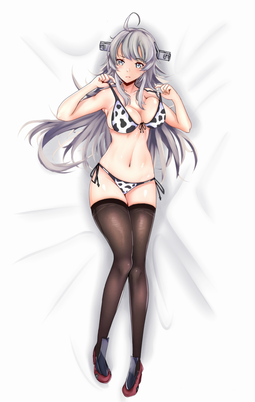 1girl ahoge animal_print bikini black_legwear breasts cleavage commentary_request cow_print dakimakura_(medium) front-tie_top full_body headgear highres kantai_collection large_breasts long_hair lying multiple_girls r31harutan side-tie_bikini silver_eyes silver_hair simple_background swimsuit thighhighs washington_(kancolle) white_background