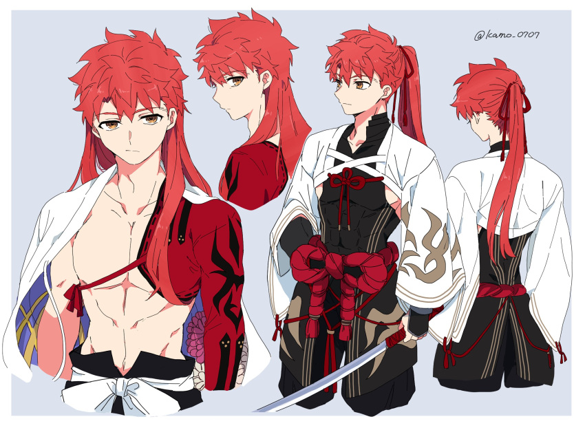 1boy alternate_hair_length alternate_hairstyle bangs cape character_sheet cowboy_shot fate/grand_order fate_(series) from_behind hair_ornament highres holding holding_sword holding_weapon igote kamo_0707 looking_at_viewer male_focus multiple_views nagatekkou orange_eyes ponytail profile red_hair rope sengo_muramasa_(fate) shimenawa simple_background solo sword twitter_username upper_body weapon wide_sleeves