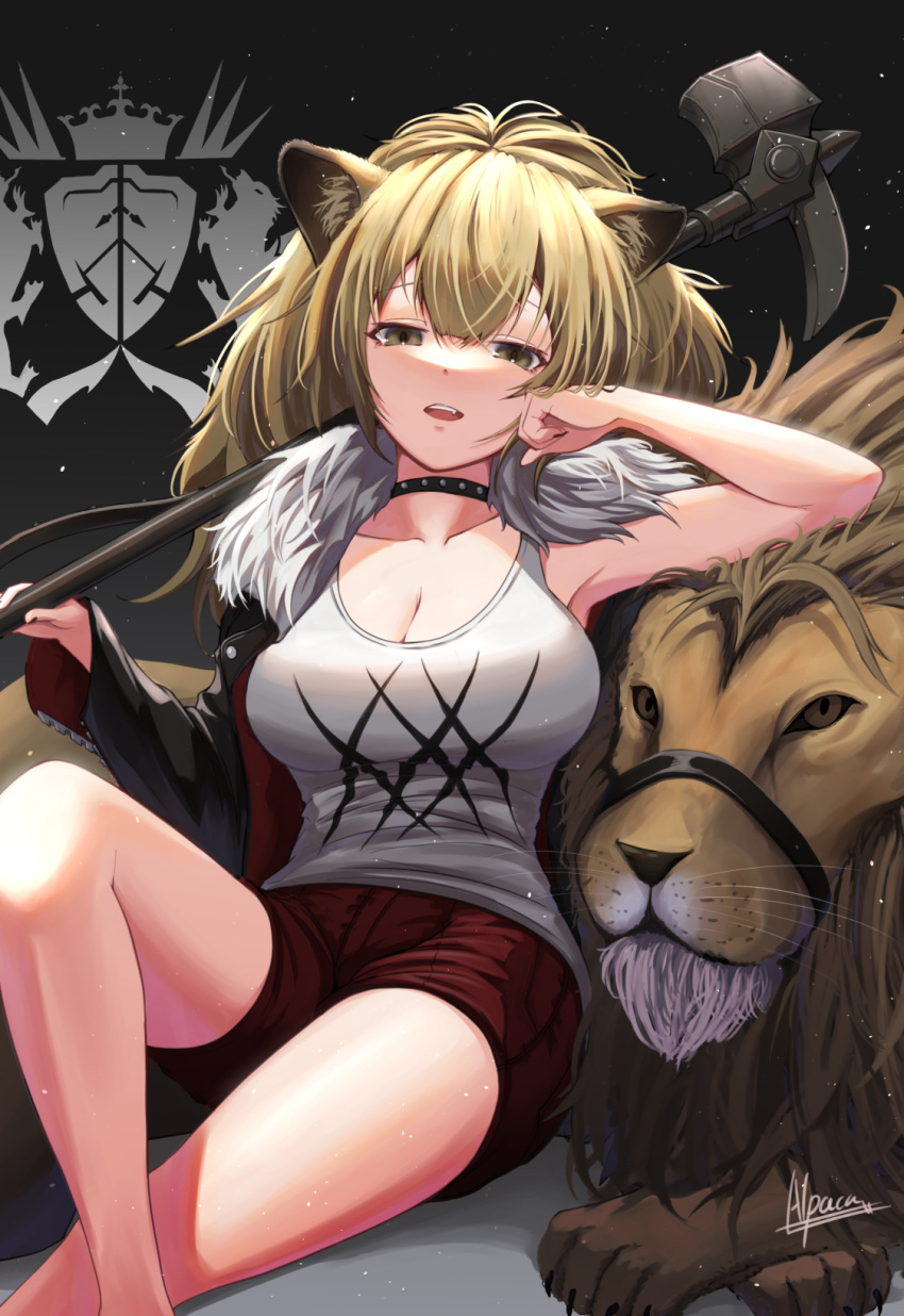 1girl alpaca_(alpaca00011) animal animal_ears arknights artist_name bare_legs black_choker black_jacket breasts brown_eyes brown_hair choker cleavage collarbone feet_out_of_frame fur_trim half-closed_eyes hammer head_rest highres holding holding_hammer jacket jacket_on_shoulders kingdom_of_victora_logo large_breasts lion lion_ears open_mouth over_shoulder red_shorts shirt short_shorts shorts siege_(arknights) signature simple_background sitting sledgehammer solo thighs weapon weapon_over_shoulder white_background white_shirt