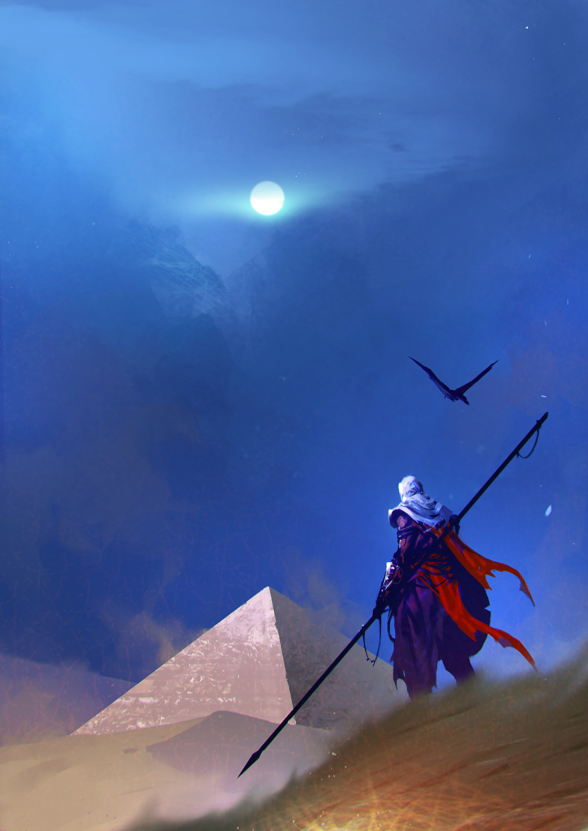 1boy absurdres animal assassin's_creed:_origins bayek bird commentary crow desert egyptian_clothes english_commentary flying from_behind highres holding holding_polearm holding_shield holding_weapon hood hood_up kalmahul long_sleeves moon night night_sky polearm pyramid red_scarf scarf scenery shield sky standing torn_scarf weapon