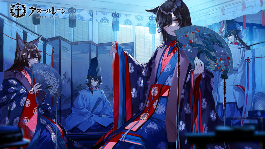 4girls amagi_(azur_lane) animal_ear_fluff atago_(azur_lane) azur_lane black_hair brown_hair fan floral_print folding_fan highres indoors japanese_clothes kimono kuga_huna layered_clothing layered_kimono loading_screen long_hair looking_at_viewer mikasa_(azur_lane) multiple_girls official_art purple_eyes tagme takao_(azur_lane) wide_sleeves yellow_eyes