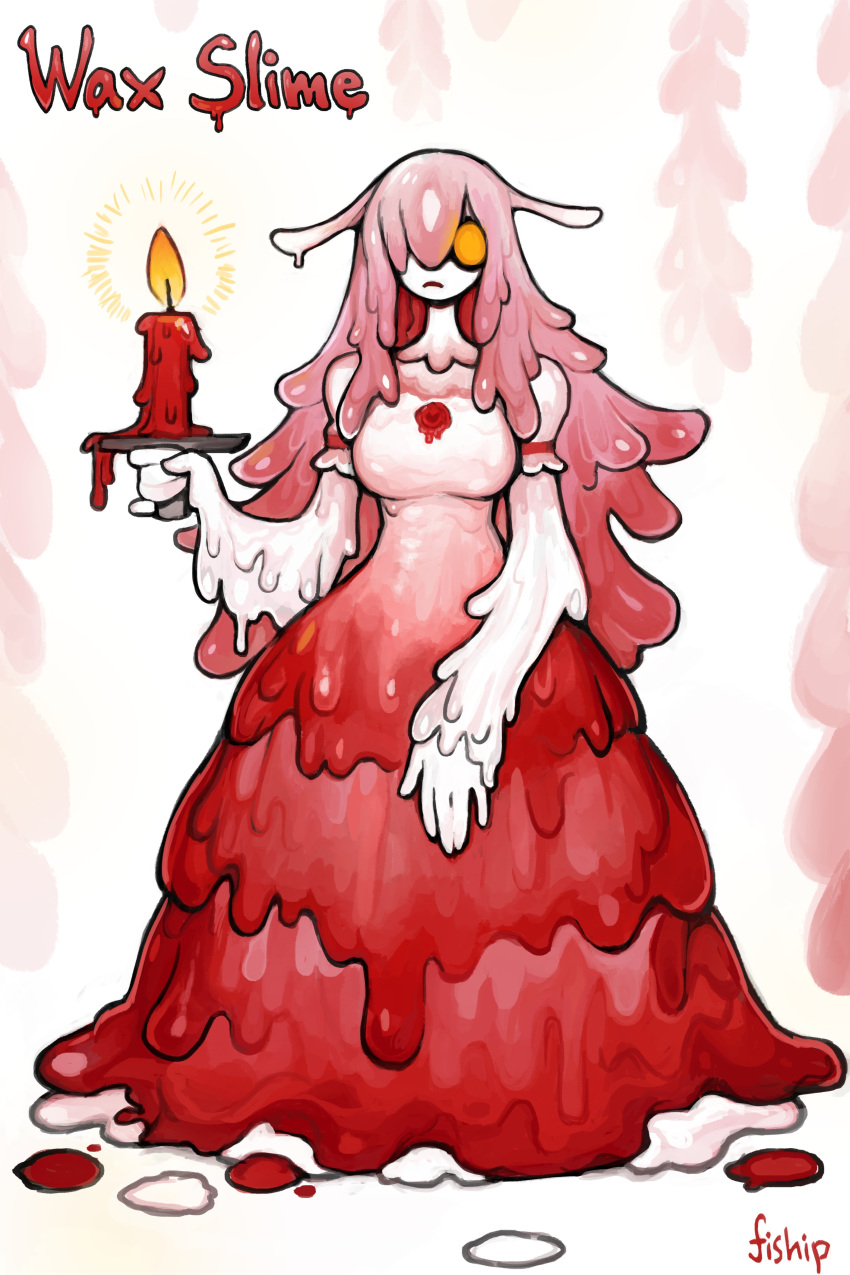 1girl absurdres body breasts candle dress english_text frown full_body highres looking_at_viewer matilda_fiship medium_breasts monster_girl orange_eyes original red_dress slime_girl solo wax