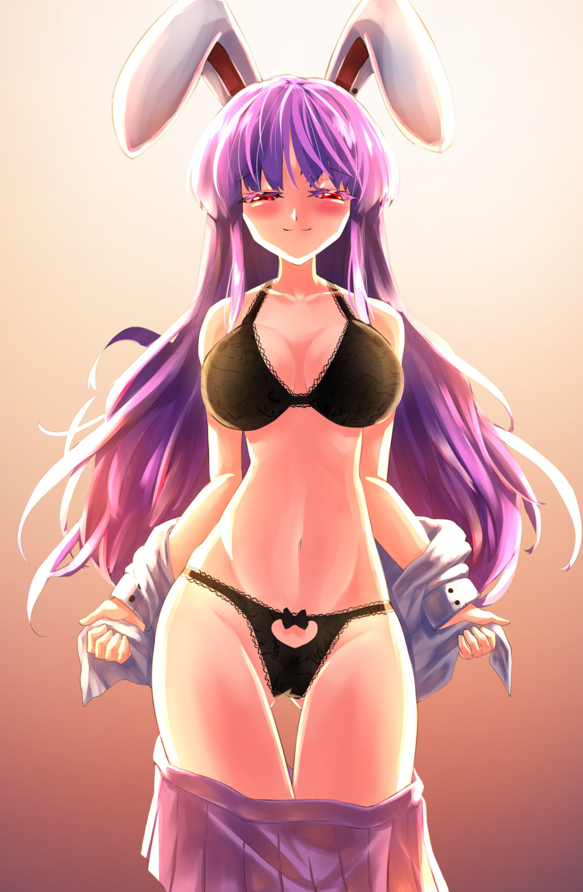 1girl absurdres bangs blouse blush highres light_purple_hair lingerie long_hair medium_skirt moon_rabbit pink_skirt purple_hair red_eyes reisen_udongein_inaba skirt solo sunyup touhou underwear very_long_hair