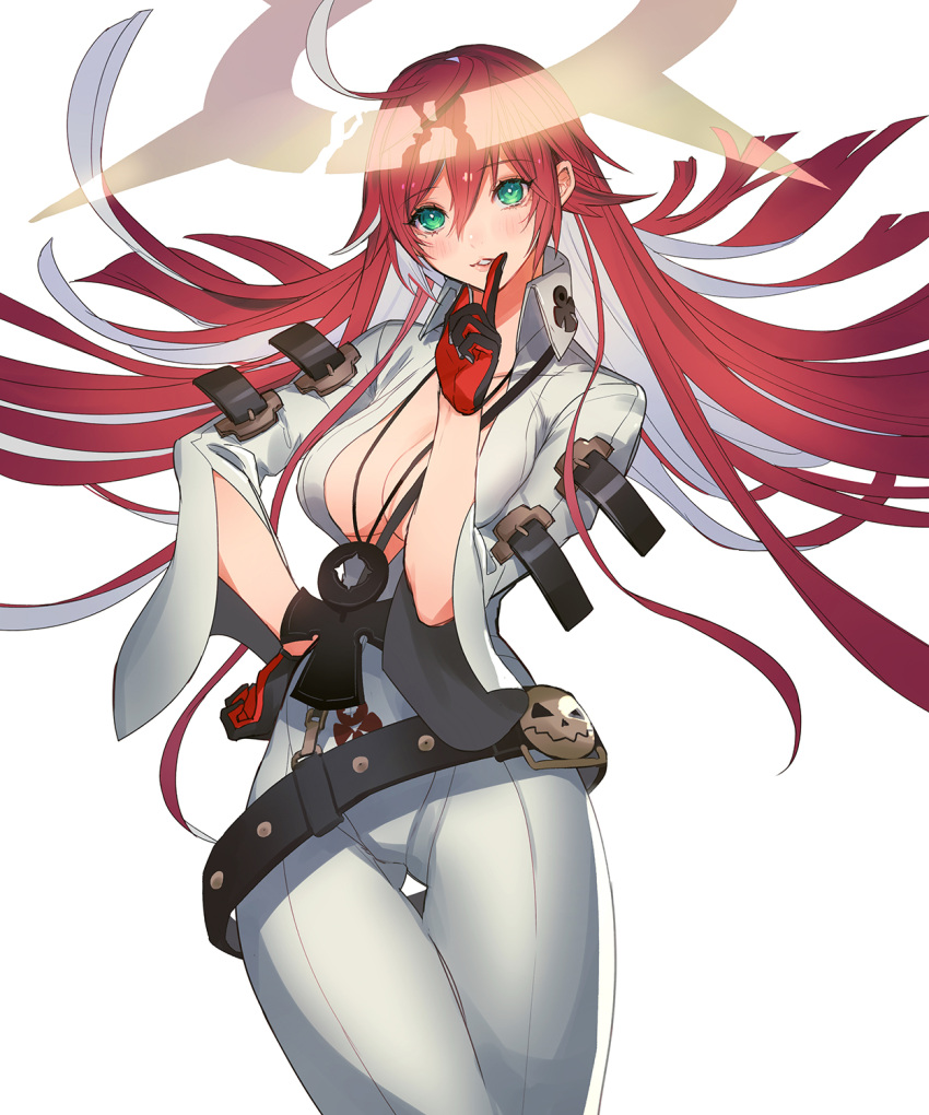1girl ankh ankh_necklace aria_(guilty_gear) belt belt_buckle bodysuit breasts buckle cleavage gloves green_eyes guilty_gear guilty_gear_strive hair_between_eyes halo highres jack-o'_valentine long_hair looking_at_viewer multicolored_hair oro_(sumakaita) red_hair two-tone_hair very_long_hair white_hair