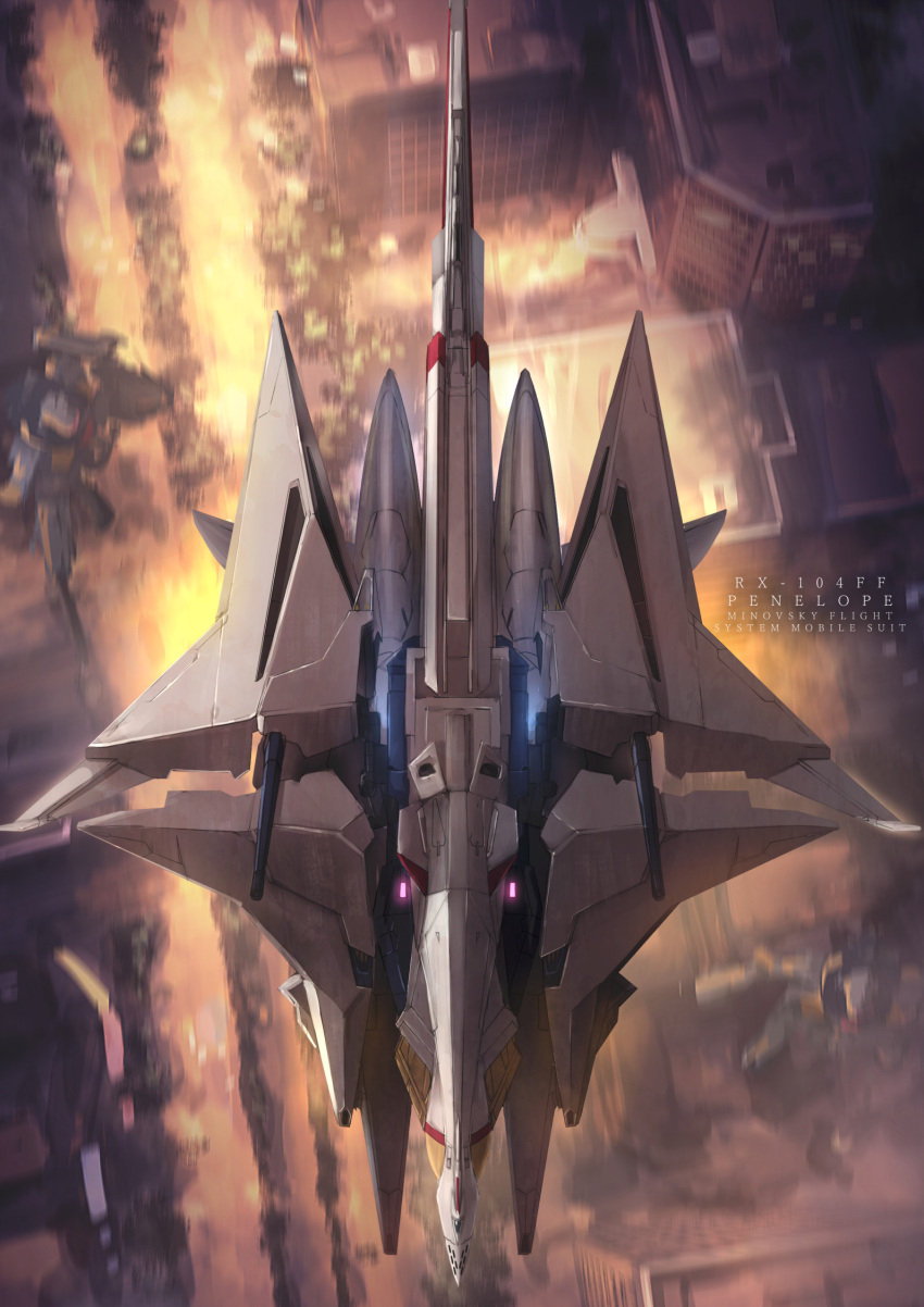 building character_name flying from_above gundam gundam_hathaway's_flash gustav_karl highres mecha missile228 mobile_suit motion_blur no_humans penelope_(hathaway's_flash) science_fiction solo_focus