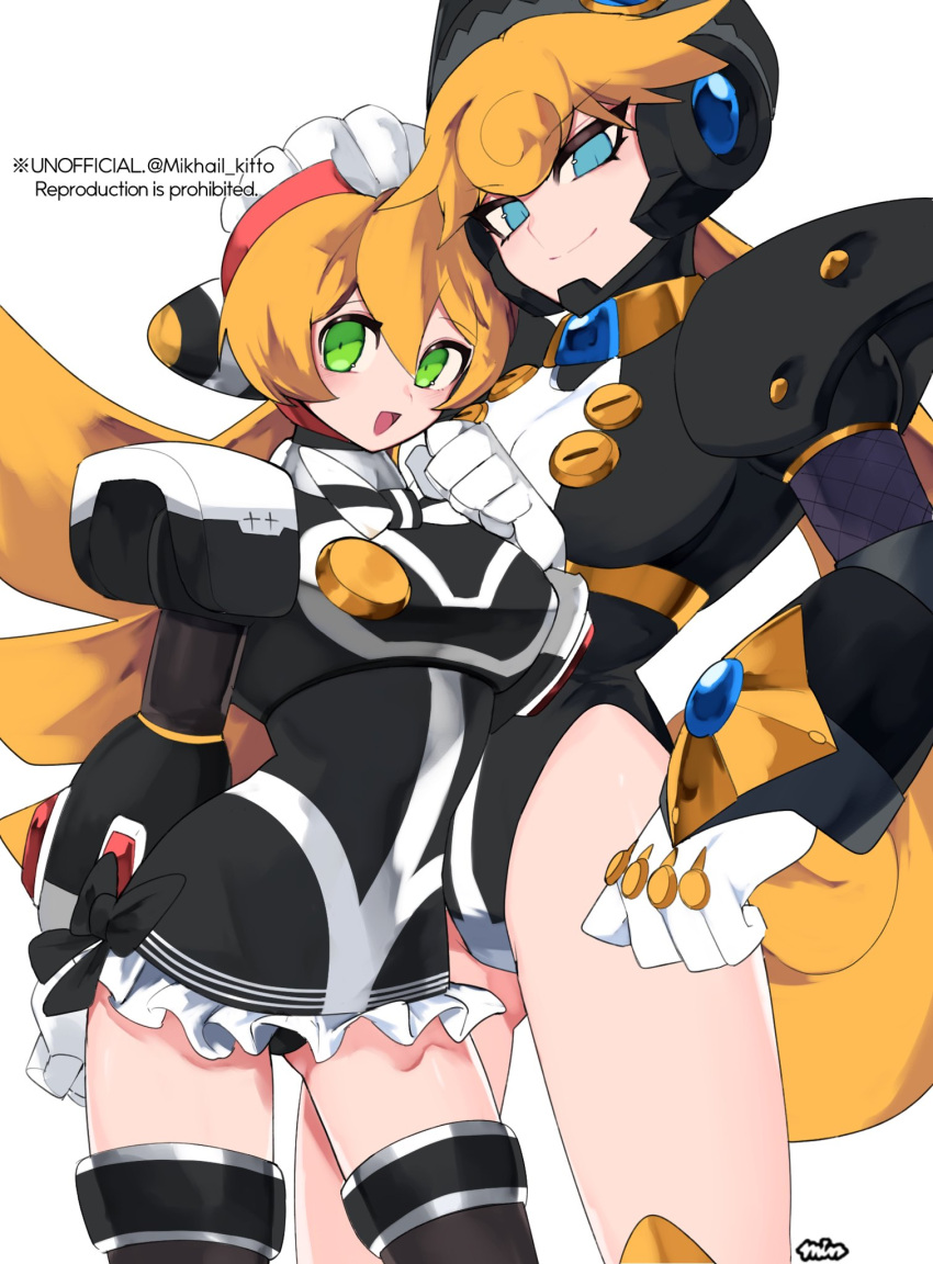 2girls alternate_color android armored_leotard blonde_hair blue_eyes boots breasts cinnamon_(mega_man) green_eyes headgear highres long_hair marino_(mega_man) mega_man_(series) mega_man_x_(series) mikhail_kitto multiple_girls robot robot_ears thigh_boots thighhighs thighs twitter_username white_background