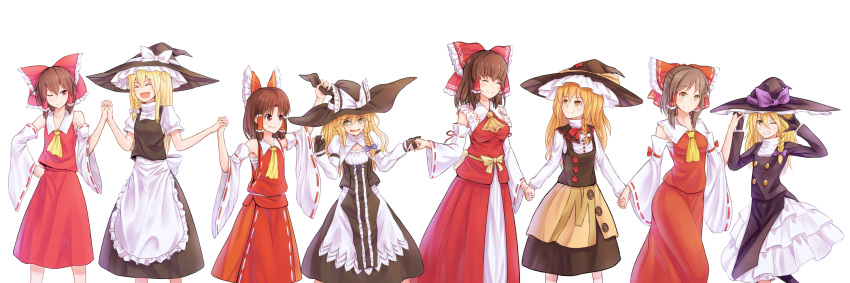 &gt;_&lt; 6+girls :d \n/ apron ascot azusa_(cookie) bangs benikurage_(cookie) black_headwear black_skirt black_vest blouse bow braid breasts brown_eyes brown_hair buttons cleavage_cutout closed_mouth clothing_cutout commentary_request cookie_(touhou) detached_sleeves eyebrows_visible_through_hair feet_out_of_frame frilled_apron frilled_bow frilled_shirt_collar frills gloves grin hair_between_eyes hair_bow hakurei_reimu half_updo hat hat_bow hat_grab highres holding_hands human_chain juliet_sleeves kanna_(cookie) kirisame_marisa long_hair long_skirt long_sleeves looking_at_another looking_at_viewer looking_to_the_side mars_(cookie) medium_breasts medium_hair multiple_girls necktie one_eye_closed open_mouth parted_bangs partially_fingerless_gloves petticoat puffy_sleeves puhaa purple_bow red_bow red_eyes red_shirt red_skirt red_star rei_(cookie) reu_(cookie) ribbon-trimmed_sleeves ribbon_trim sananana_(cookie) sarashi shirt side_braid simple_background single_braid skirt sleeveless sleeveless_shirt small_breasts smile star_(symbol) touhou turtleneck uzuki_(cookie) vest waist_apron white_apron white_background white_blouse white_bow witch_hat yellow_eyes yellow_neckwear