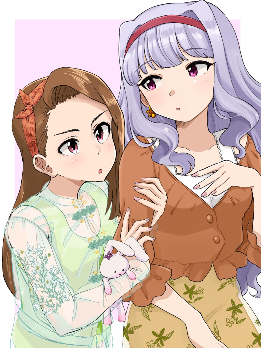 2girls :o anjerain bangs brown_blouse brown_hair collaboration collarbone eyebrows_visible_through_hair forehead hair_behind_ear hairband hand_on_own_chest highres holding_another's_arm idolmaster idolmaster_(classic) minase_iori multiple_girls naruse_ill orange_hairband purple_eyes red_hairband shijou_takane silver_hair skirt stuffed_animal stuffed_bunny stuffed_toy white_background